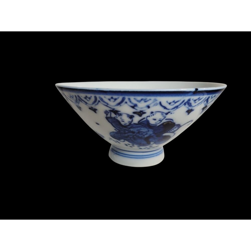 Mid-Century Japanese Sometsuke Rice Bowl  Blue & White Footed Porcelain - Picture 5 of 10